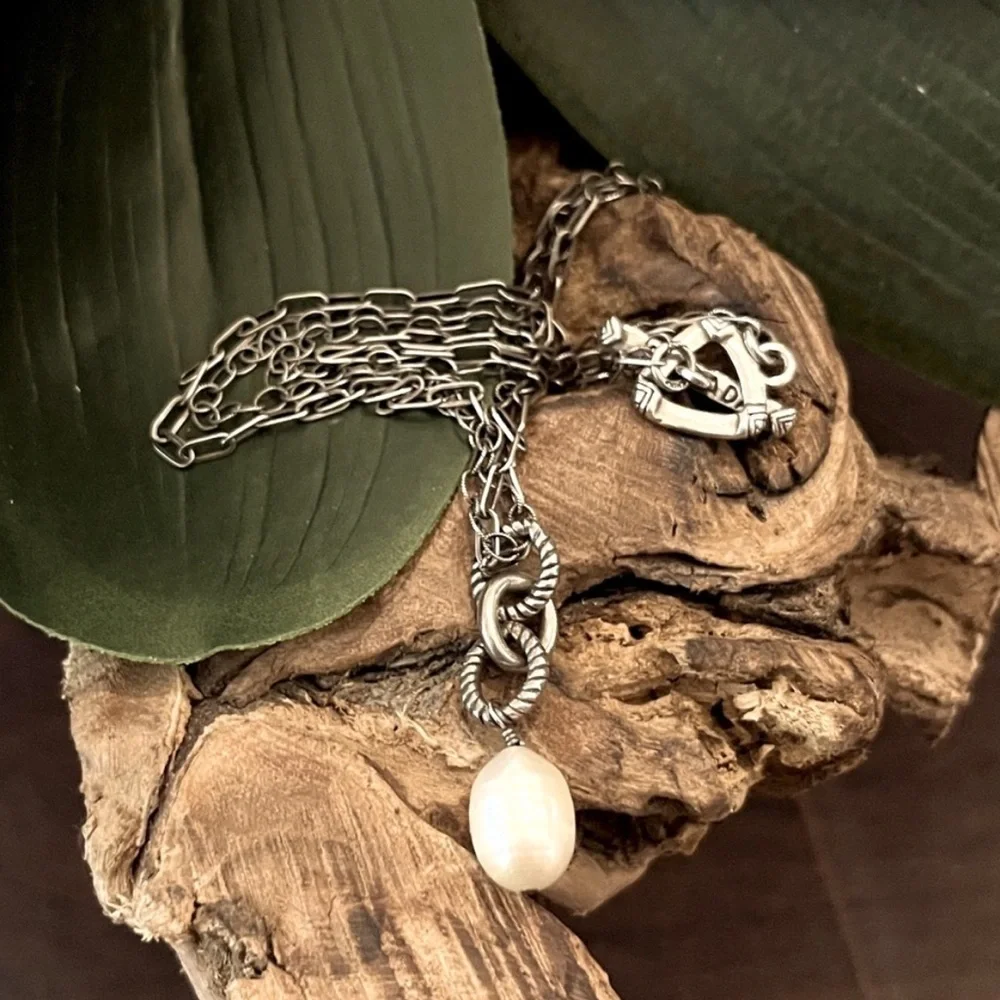 Silpada Vintage Sterling Silver Genuine Pearl Double Oxidized Chain Necklace - Picture 8 of 8
